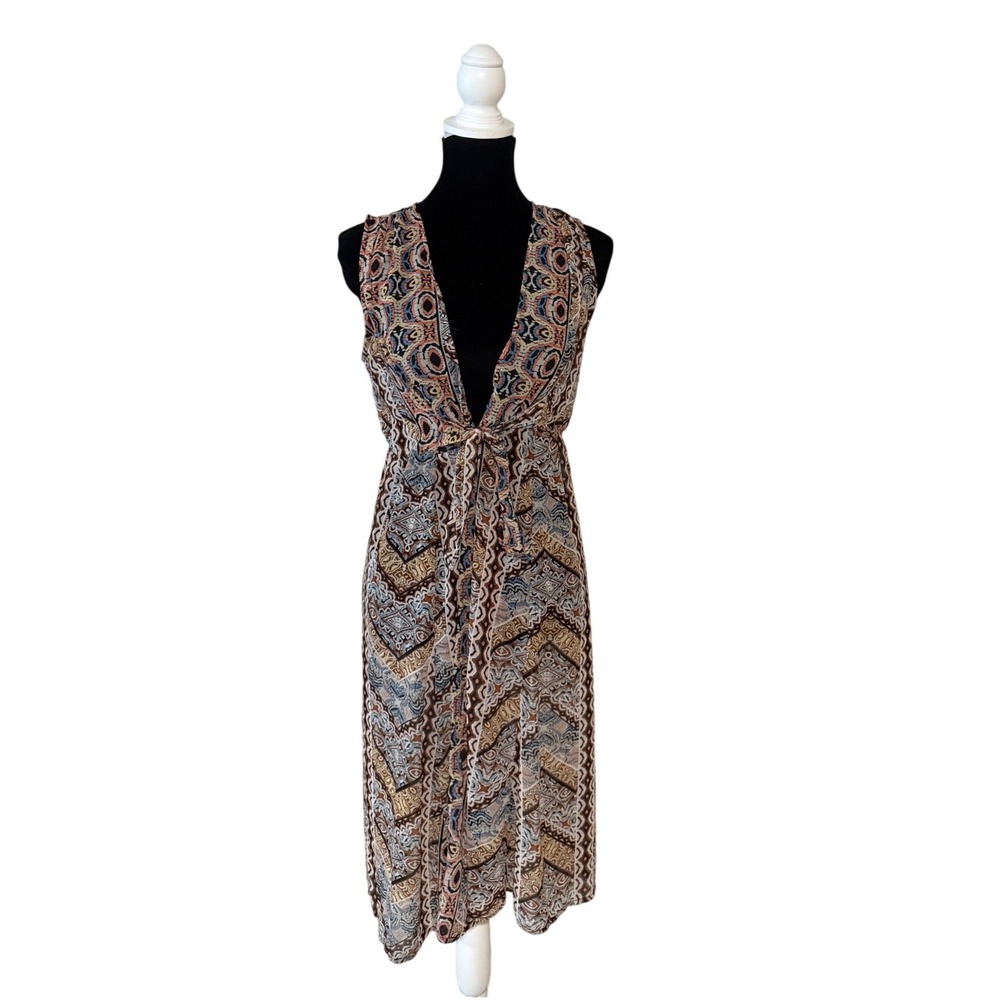 Liberty Love Womens Sm‎ Boho Geometric Print Sleeveless Tie Front Duster Kimono